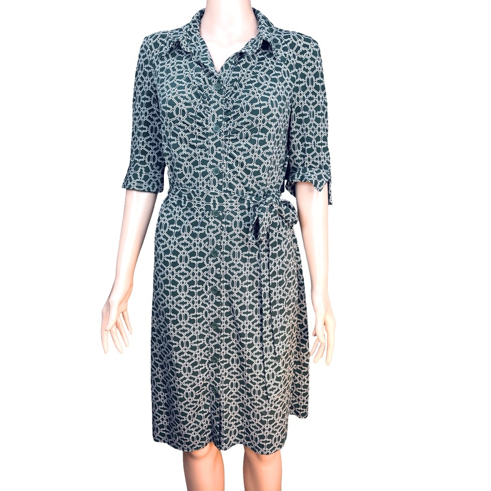 Laundry Shelli Segal Green & White Patterned 3/4 Sleeve Shirtdress Med (18 PTP)